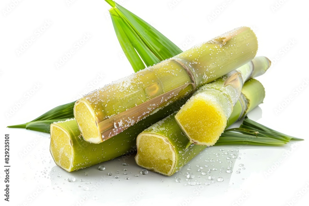 Sticker fresh sugar cane with water droplets sliced white isolated background