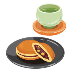 お茶と皿に盛られた栗どら焼き