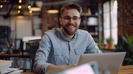 Naklejka premium Bearded Man Smiling at Laptop in Cozy Coffee Shop Workspace
