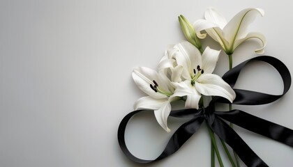 Funeral backdrop with two white lilies and black ribbon