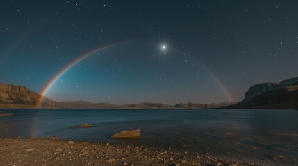 A celestial wonder captured in a moment a moonbow stretches across the night sky its beauty rivaling that of the full moon.