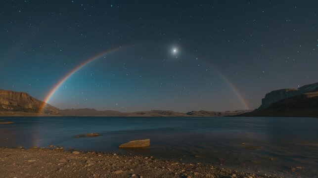 A celestial wonder captured in a moment a moonbow stretches across the night sky its beauty rivaling that of the full moon.