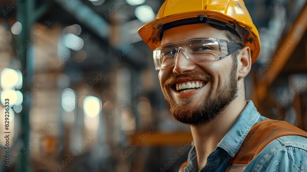 Wall mural cheerful iron worker in hardhat optimistically overseeing manufacturing