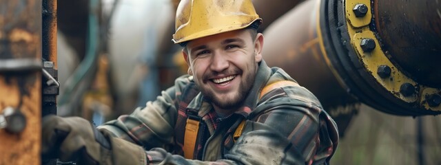 Cheerful Pipefitter Working on Industrial Equipment and Machinery
