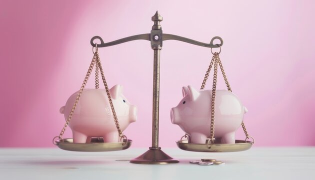 Gender pay equality and pension budget concept demonstrated by a piggy bank on a balance scale