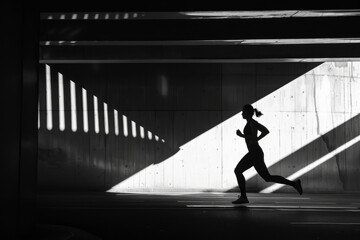 Photo of a woman running with resilience and motivation in Black & White