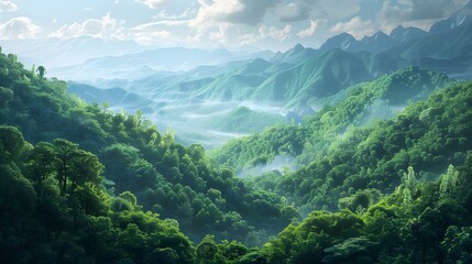 Scenic mountain landscape with lush green forests, sky and clound