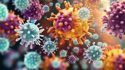 3D render of a medical with virus cells bacteria. Multiple realistic coronavirus particles floating