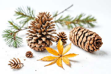 Autumnal Pine Cones and Leaf on White Background