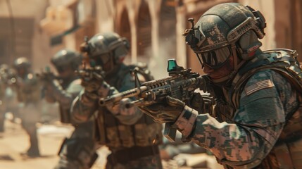 Fototapeta premium A group of soldiers in war action on a desert battlefield.