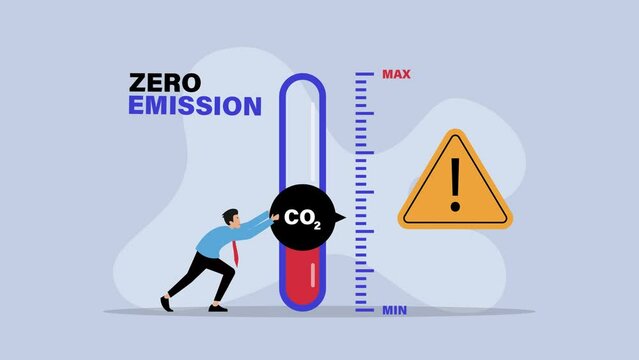 Man turning gauge arrow pointer to lowest level of CO2 cartoon animation