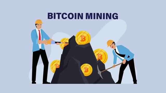 Businessmen working together mining bitcoin with shovel cartoon animation