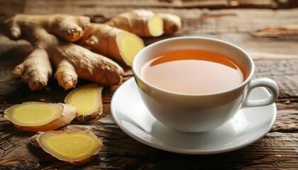 Ginger tea displayed in a white cup on a wooden surface