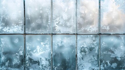 Frosted windowpane with icy designs captures the beauty of a cold winter day