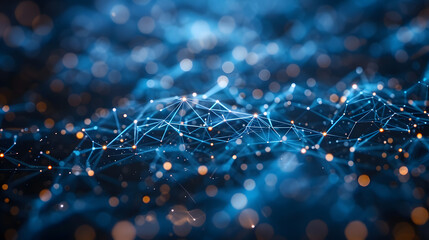 Abstract blue technology background with a cyber network grid and connected particles