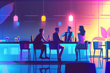Employees meeting after work at pub. Happy friends celebrating in nightclub. Cheerful multi ethnic friends spend weekend evening, hangout on holiday.
