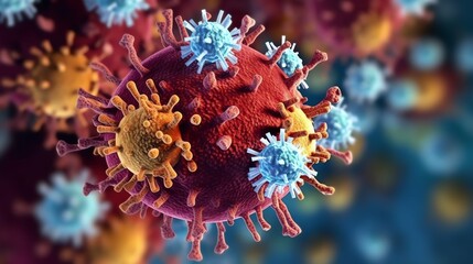 3D render of a medical with virus cells bacteria. Multiple realistic coronavirus particles floating