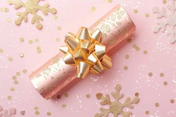Gold luxury Christmas cracker on pink background