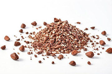 Crumbled Chocolate and Nuts on White Background