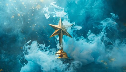 Gold star trophy on blue background engulfed in smoke