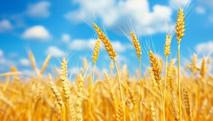 Fototapeta premium Golden wheat spikes in a summer harvest field set against a blue sky