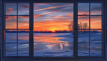 Gorgeous winter sunset reflecting on icy lake seen from window