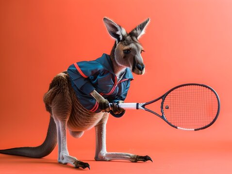 Kangaroo in Sports Clothes Enjoys a Game of Tennis on a Coral Field