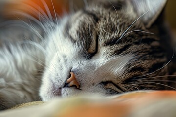 Gray and white cat peacefully sleeping on a cozy surface close up of cat s face with eyes closed Showing care for pets