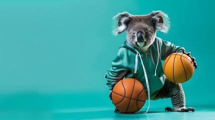 Cute Koala Donning Sports Clothes Engages in a Playful Game of Basketball