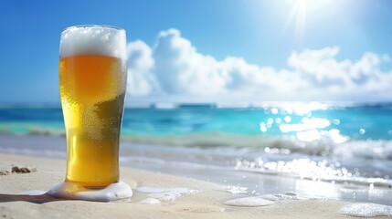 Beer Glass with White Clouds And Blue Sky At The Beach