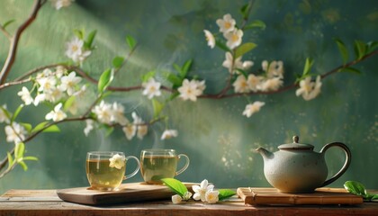 Green tea with jasmine cup and teapot on wooden table with green backdrop