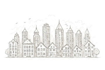 Fototapeta premium Hand-Drawn Sketch of a Cityscape with Buildings and Clouds