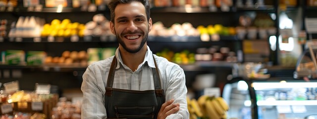 Fototapeta premium Cheerful Young Grocery Store Manager Welcoming Customers with a Friendly Smile