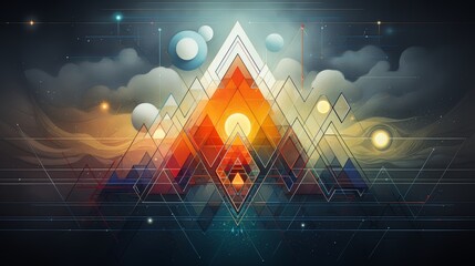 Abstract geometric artwork with colorful pyramids and spheres, showcasing a surreal blend of shapes and gradient hues in a cosmic backdrop.