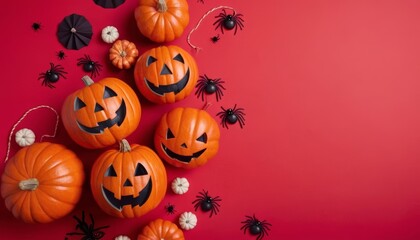 Realistic pumpkin illustration on bold red background. Premium Halloween background for celebrations, greetings, social media posts, banners and posters.