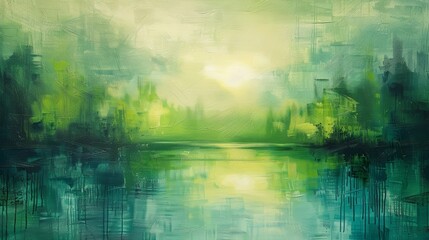 Fototapeta premium Abstract landscape art in tranquil green hues, depicting a serene lake surrounded by lush trees under a soft, glowing sky.