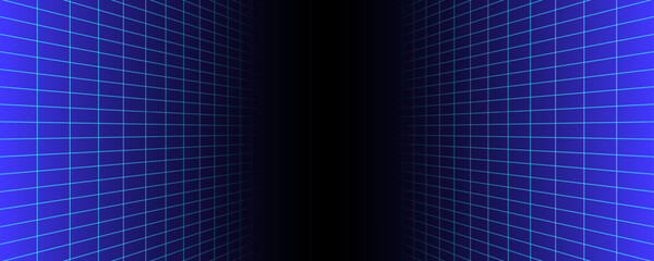 Naklejka premium Blue glowing neon wireframe background. Shining checkered vertical grid planes in perspective. Retro futuristic depth wallpaper. Arcade game sci fi matrix surface backdrop for poster, banner. Vector