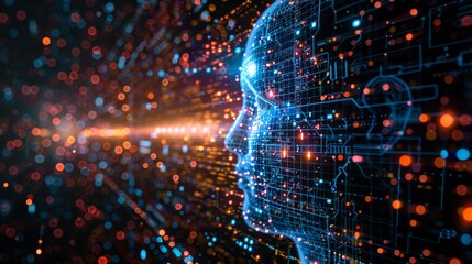 Digital futuristic human head concept with neural network and technology integration, showcasing artificial intelligence and big data analytics.