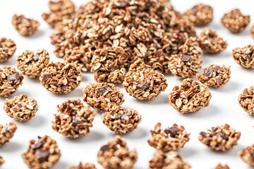 Chocolate Chip Granola Clusters on White Background