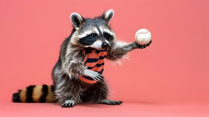 Raccoon Steals the Baseball Show Adorable Athletic Antics on Coral Pink