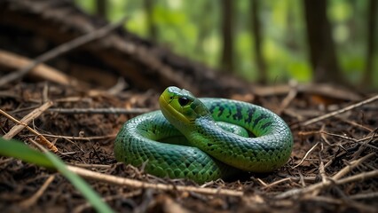 Obraz premium portrait of a green snake guarding its eggs