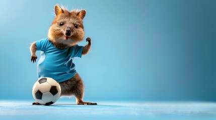 Cute Quokka Donning Sports Clothes Plays Soccer on Clear Sky Blue Backdrop