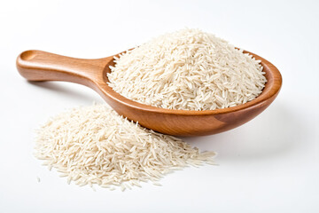 White rice in wooden spoon on white background