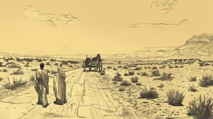 Obraz premium Philip Baptizing Ethiopian Eunuch on Desert Road, Chariot Nearby, Biblical Illustration, Beige Background, Copyspace