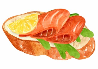 Sandwich with fish, lemon and herbs. Cooking breakfast, lunch, dinner. Hand drawn watercolor illustration isolated on white background. Template for design