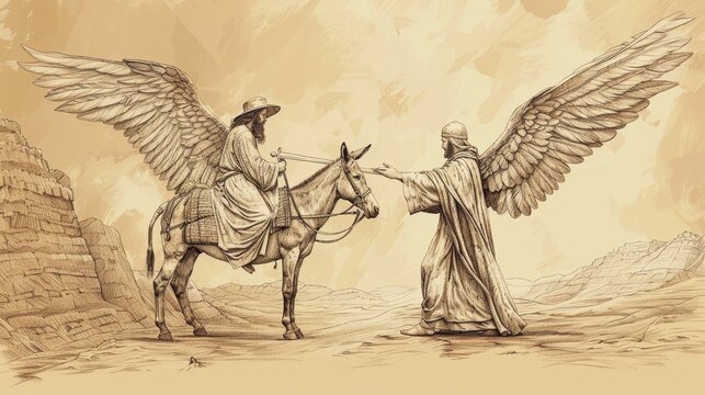 Angel with Drawn Sword Blocking Balaam's Path, Balaam on Donkey, Biblical Illustration, Beige Background, Copyspace