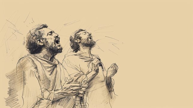 Singing Paul and Silas in Jail, Earthquake Breaking Chains, Biblical Illustration, Beige Background, Copyspace