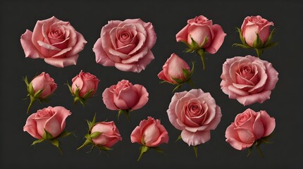 Set of pink rose flowers petals isolated on transparent background.
