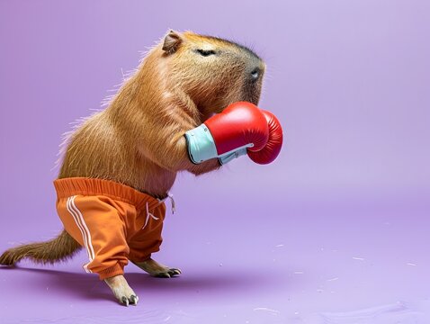 Capybara in Sports Clothes Playfully Boxing on Lavender Background