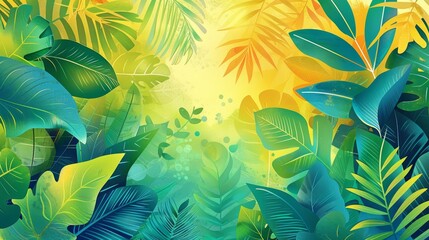 Vibrant tropical jungle with lush green leaves and colorful foliage, creating a serene natural paradise illuminated by soft light.